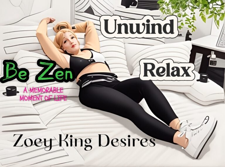 "A beautiful, quirky cartoon-style avatar of a blonde seated comfortably on a cozy gray couch. She is smiling warmly, wearing a simple white tank top, radiating a peaceful, positive, and inviting energy."