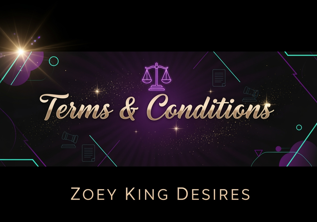 "Terms and Conditions banner for Zoey King Desires website featuring elegant gold typography on purple and black gradient background with divine light effects"