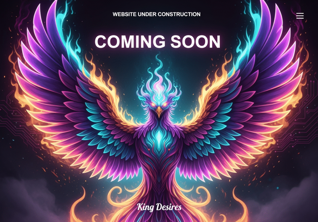 A vibrant, glowing phoenix with spread wings rising against a dark, cosmic background. Text on the image reads 'Website Under Construction', 'Coming Soon', and 'Zoey King Desires'." This perfectly describes the visual for screen readers while making sure search engines pick up on exactly what the image represents! You can just copy and paste that directly into the "Alt Text" box on your screen.