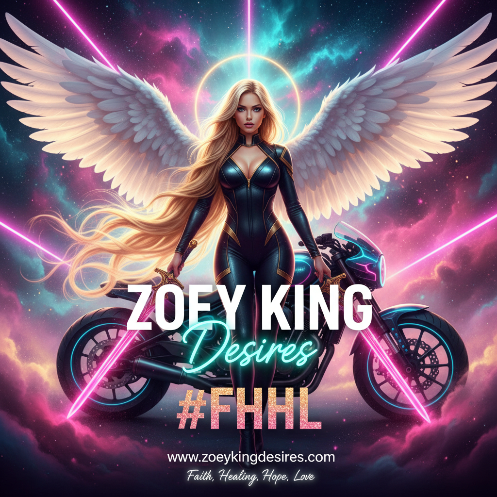 Alt Text: Digital artwork featuring brand avatar Princess Zoey in a glowing, wing-like neon aura with bold "Zoey King Desires" branding.