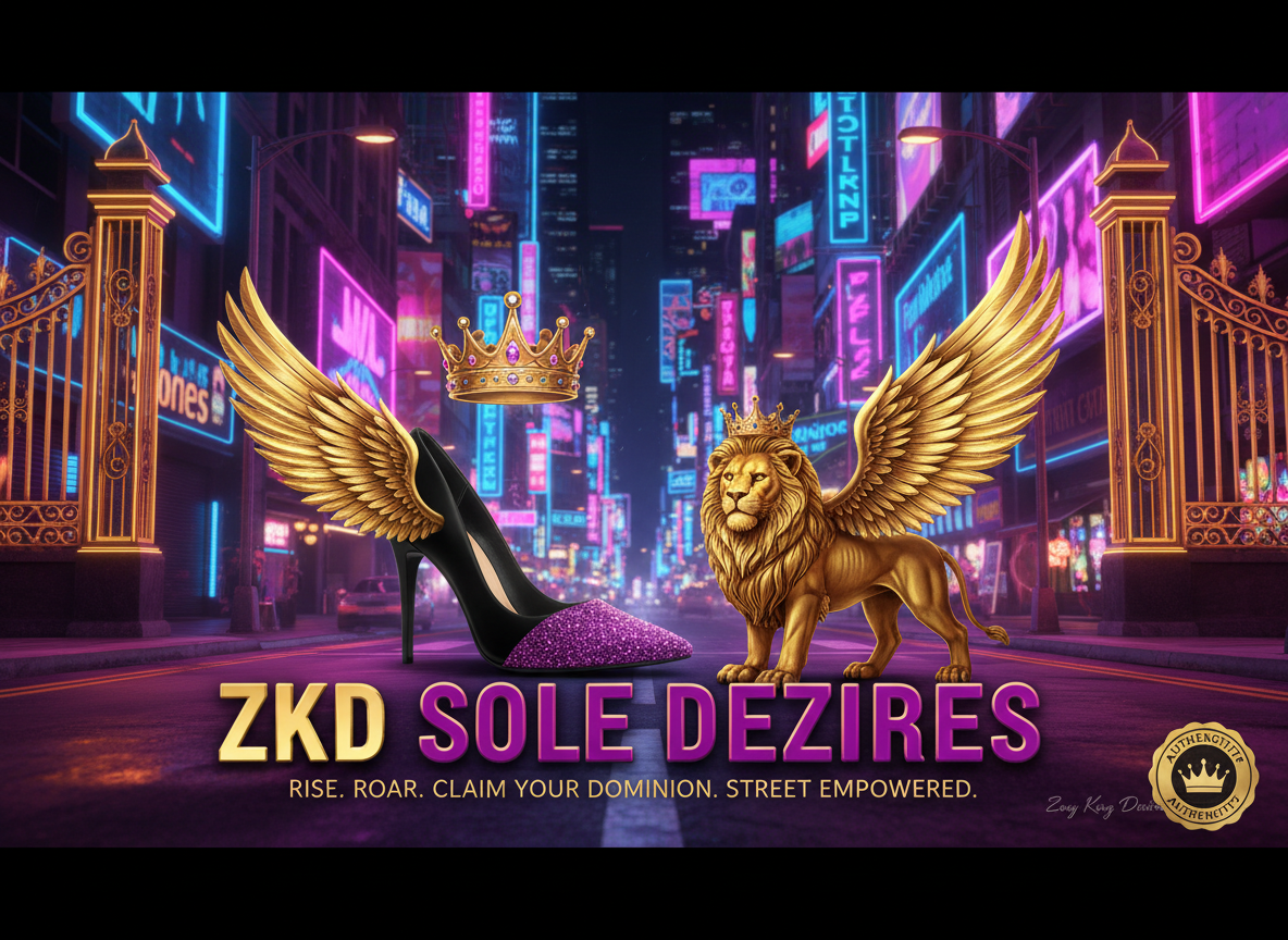 "A majestic golden winged lion wearing a crown stands beside a large winged black stiletto high heel with purple glitter toe in a vibrant neon punk city street at night. Golden crowns float above. Bold text reads 'ZKD SOLE DEZIRES' with tagline 'RISE. ROAR. CLAIM YOUR DOMINION. STREET EMPOWERED.' Zoey King Desires watermark."