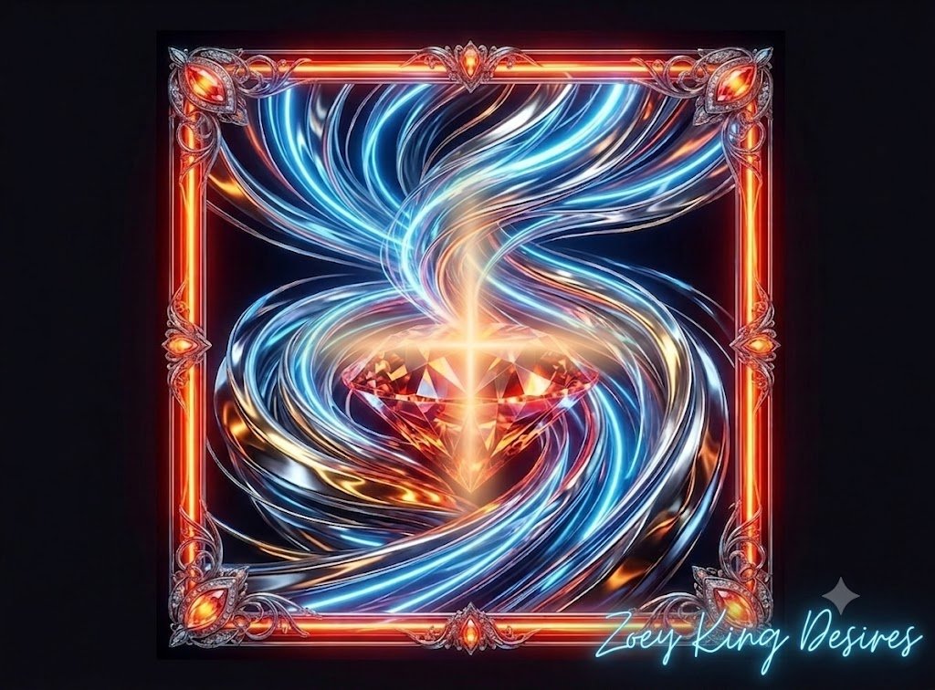 Digital art of a brilliant, faceted red and orange diamond centered within a dark, square frame lined with glowing neon orange borders and intricate silver filigree corners. A soft, glowing golden cross emanates from the center of the diamond. Swirling, dynamic ribbons of metallic silver and electric blue light wrap around the gem. In the bottom right corner, a watermark reads "Zoey King Desires" in a vibrant, neon blue script.