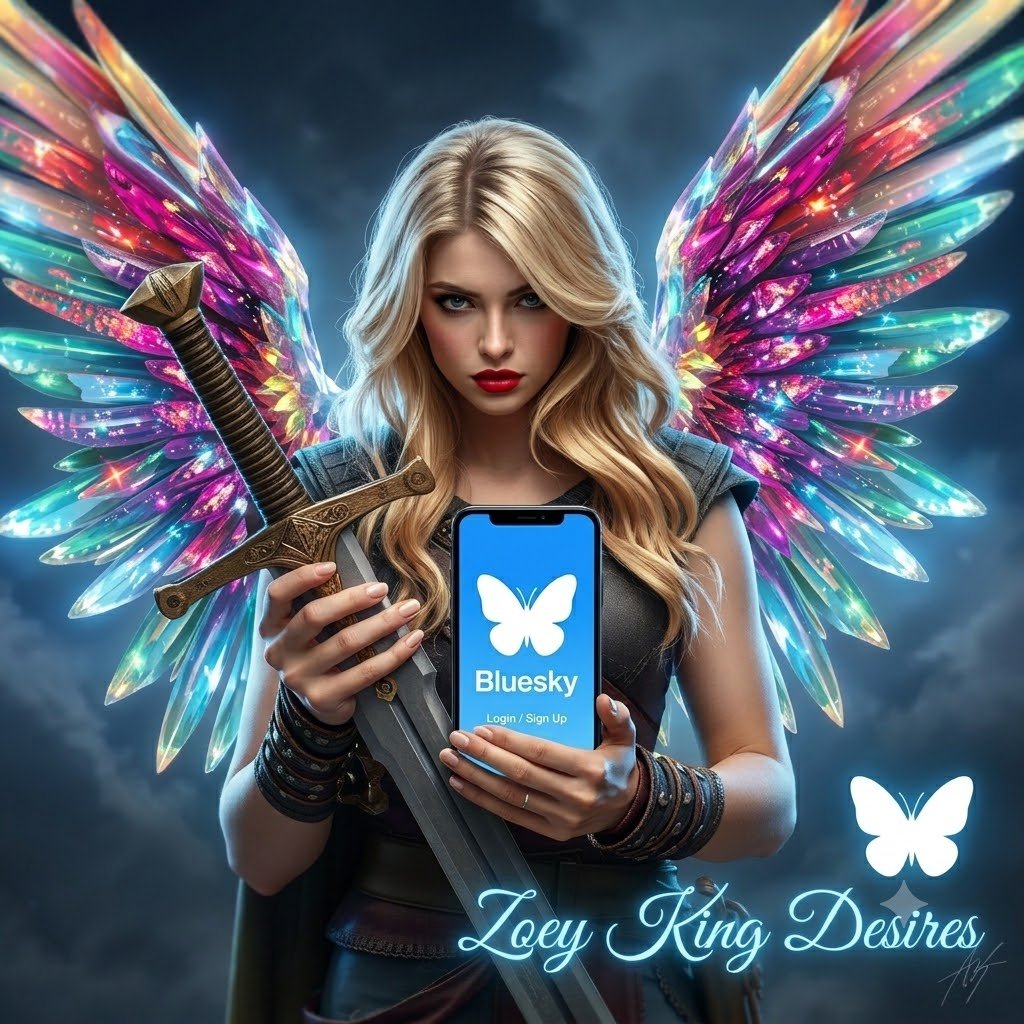 Zoey King Desires digital artwork featuring a beautifully detailed angel holding the bluesky label