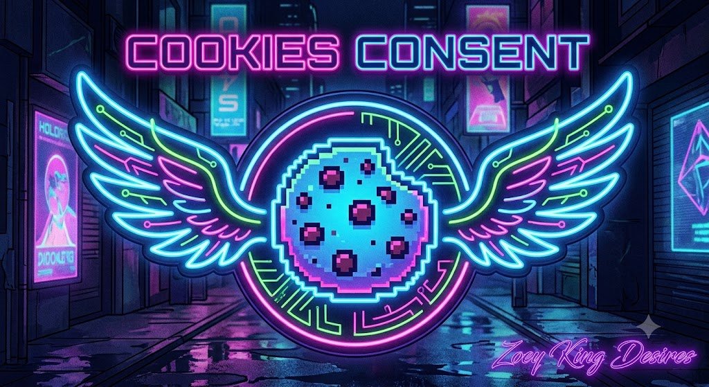 A neon punk cover page titiled Cookies Consent with a graphic image of a cookie outline with angel wings
