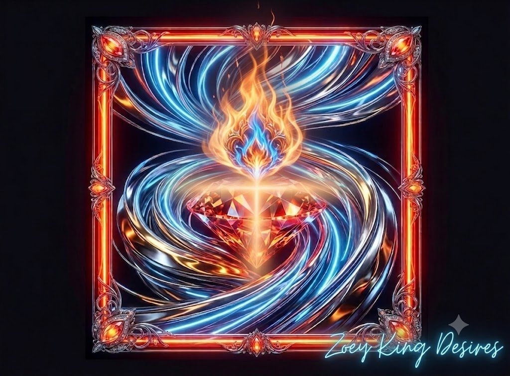 Digital art featuring a faceted red and orange diamond centered within a decorative frame with glowing orange lines and silver filigree. A vibrant, glowing fire with amber, orange, and blue flames rises directly above the diamond, symbolizing a creative spark. The scene is surrounded by sweeping, kinetic currents of metallic silver and neon blue light. In the bottom right corner, the watermark "Zoey King Desires" is written in a glowing neon blue script.