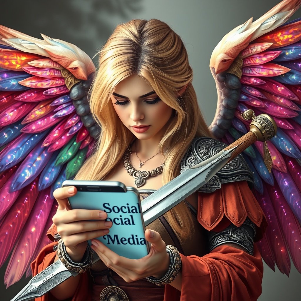 Zoey King Desires digital artwork featuring a beautifully detailed angel holding a cell phone that displays social media