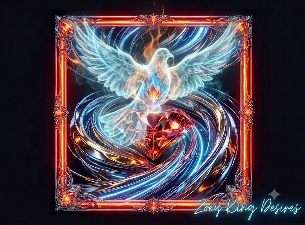 Digital art depicting a luminous, translucent white dove emerging from a glowing fire above a central red and orange diamond. The dove's widespread wings are surrounded by misty, cloud-like trails of breath and oxygen blending into the background. The composition is enclosed in an ornate frame with glowing orange borders and silver accents, enveloped by swirling vortexes of metallic silver and blue light. The watermark "Zoey King Desires" appears in the bottom right corner in neon blue script.