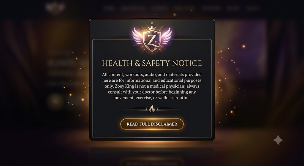 Health & Safety Notice disclaimer stating that all content, workouts, and materials are for informational and educational purposes only and advising consultation with a physician before starting.
