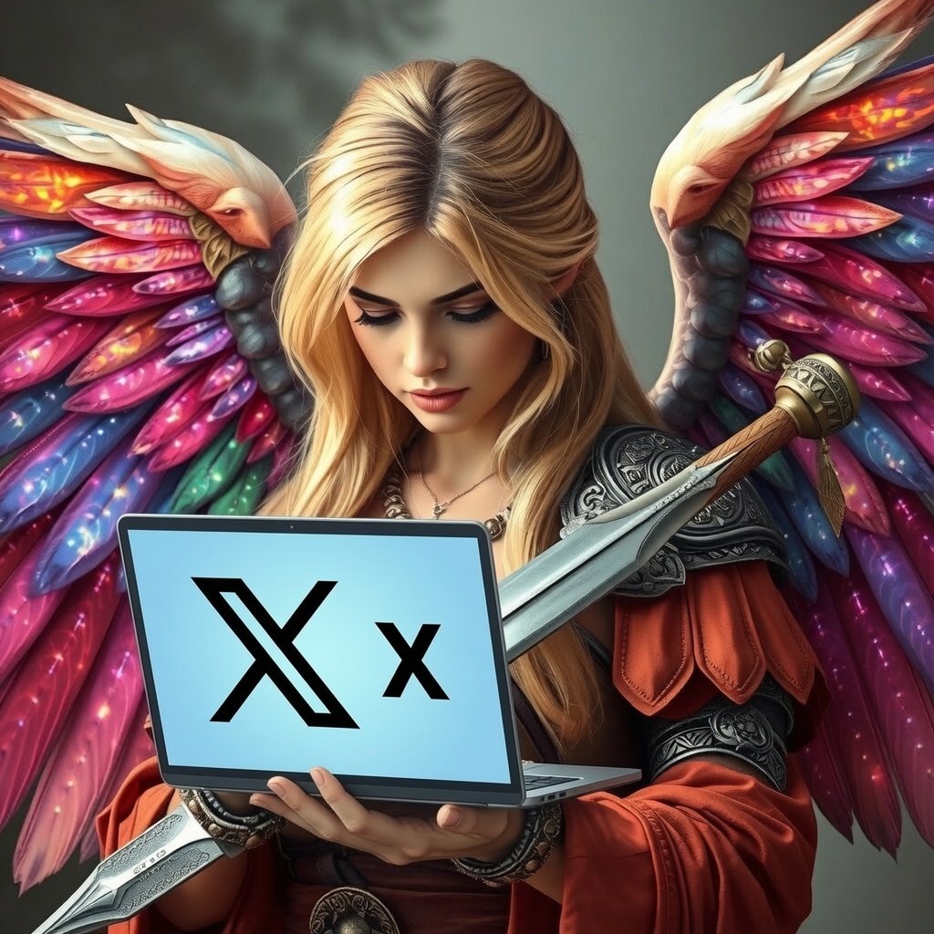 Zoey King Desires digital artwork featuring a beautifully detailed angel holding the X logo.