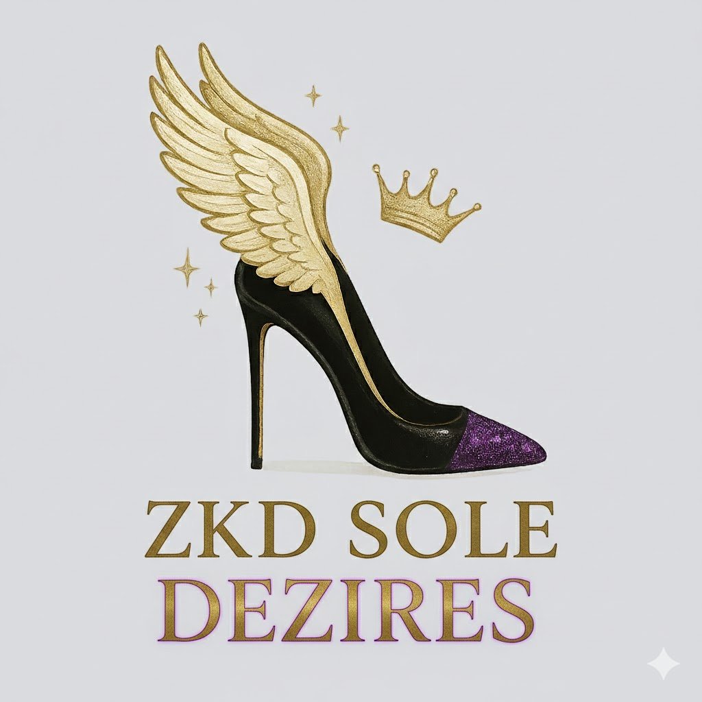 "A fierce black high heel shoe featuring a majestic gold angel wing and a glowing gold crown. The text below reads 'ZKD SOLE DEZIRES'." You can copy and paste this directly into the "Alt Text" field on the right side of your screen to ensure it is perfectly optimized for accessibility and search engines!